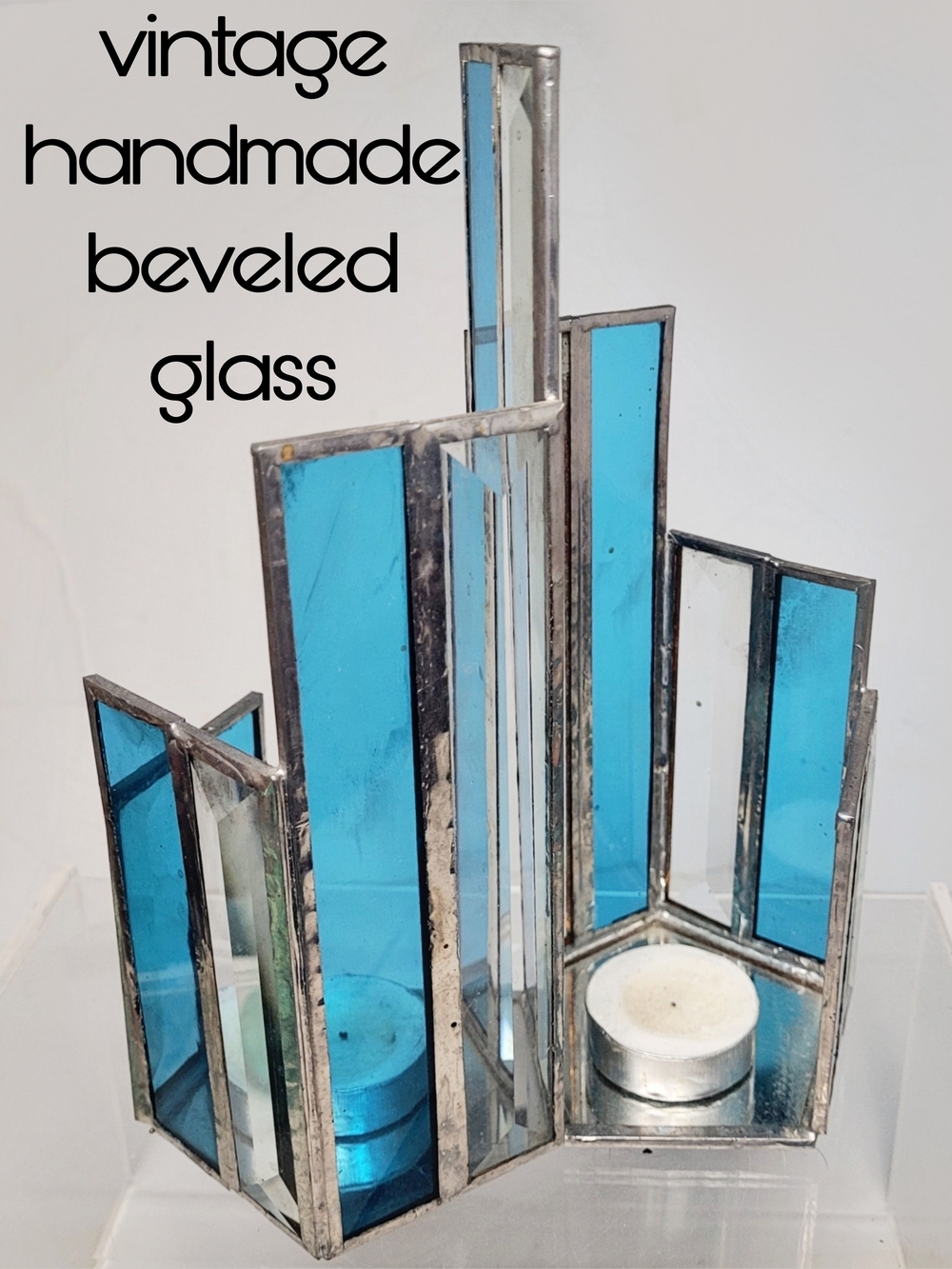 Vintage Unique Handmade Beveled Stained Glass Dual Candle Holder